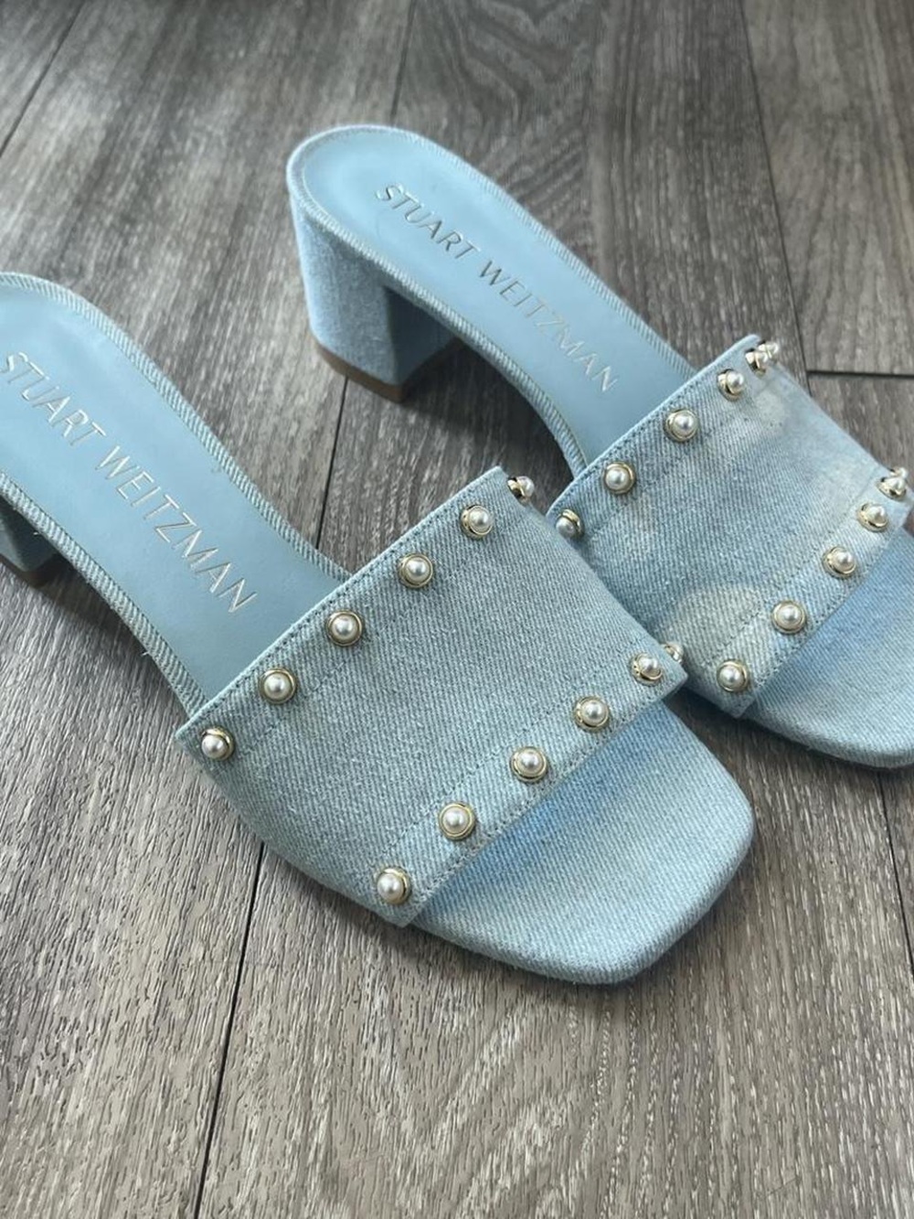 Stuart Weitzman Light Blue Pearl-Trim Denim Slide Mules